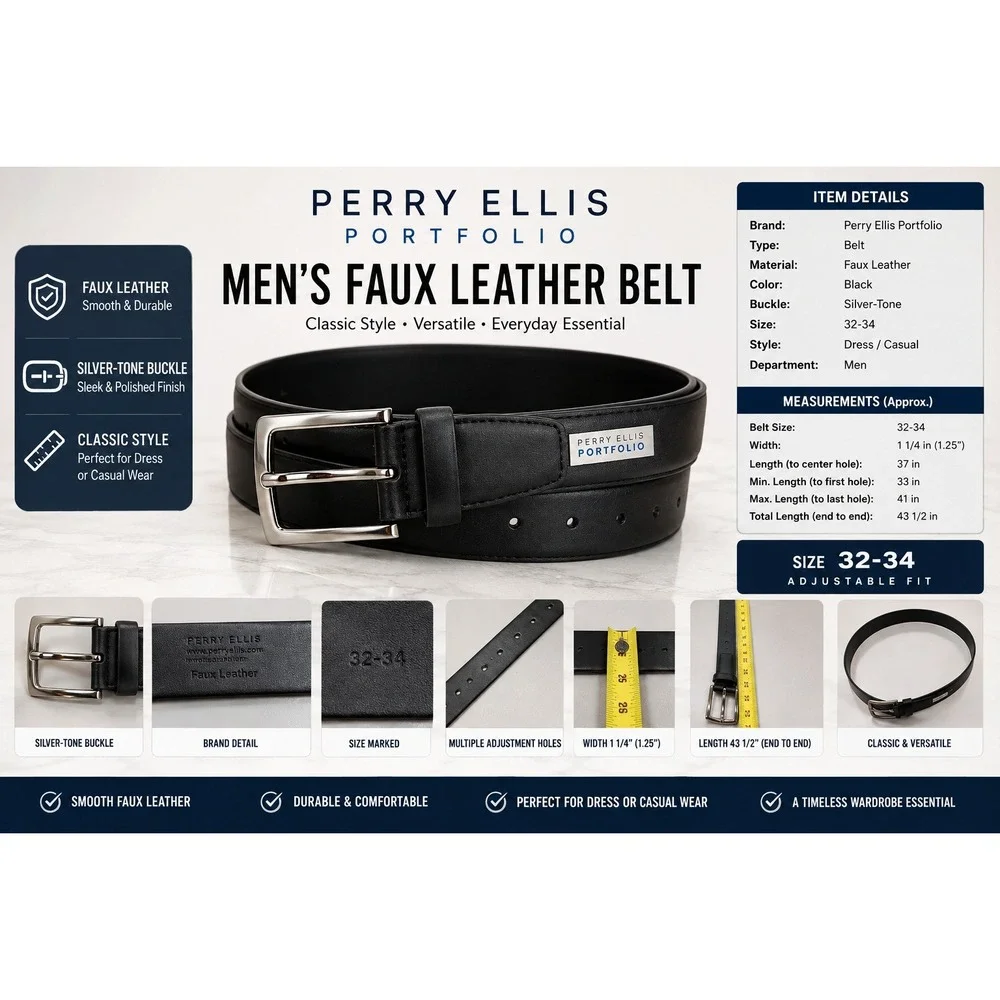 Perry Ellis Portfolio Mens Faux Leather Belt Black Silver Buckle 32-34 DP33111